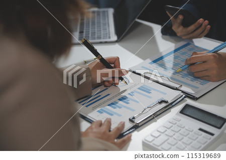 Business team collaboration discussing working analyzing with financial data and marketing growth report graph in team, presentation and brainstorming to strategy planning making profit of company. Business team collaboration discussing working analyzing with financial data and marketing growth report graph in team, presentation and brainstorming to strategy planning making profit of company. 115319689