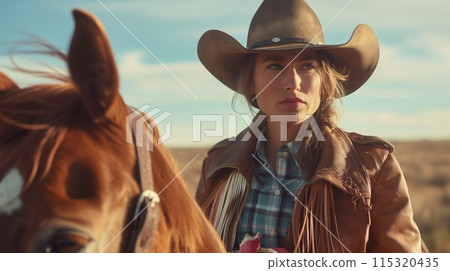 Cowgirl with Horse in Western Outfit, Perfect for Print, Poster, or Card Design 115320435