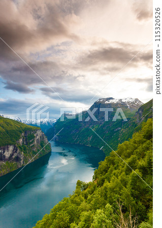 View on Geirangerfjord from Flydasjuvet viewpoint Norway 115320526