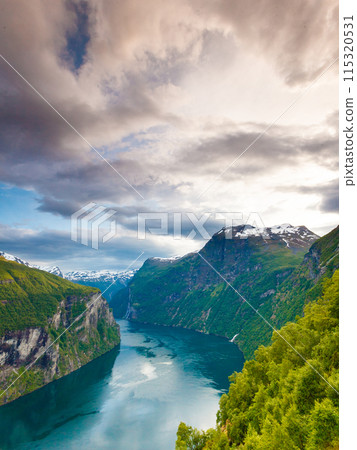 View on Geirangerfjord from Flydasjuvet viewpoint Norway 115320531