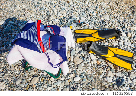Bikini, sport fins and towel. 115320598