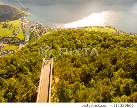 Aerial view. Fjord at Stegastein viewpoint Norway Aerial view. Fjord at Stegastein viewpoint Norway 115320606