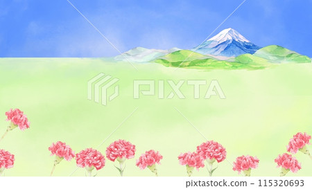 Background material of red carnations and Mt. Fuji painted in watercolor 115320693