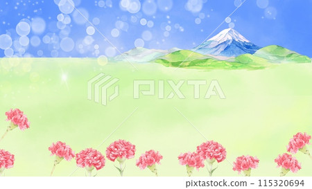 Background material of red carnations and Mt. Fuji painted in watercolor 115320694