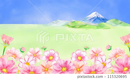 Autumn background material of a watercolor cosmos field and Mt. Fuji 115320695