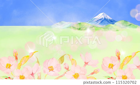 Spring background material of gentle cherry blossoms and Mt. Fuji painted in watercolors 115320702