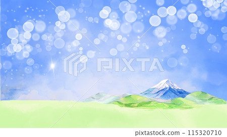 Grassland and blue sky landscape, watercolor landscape painting of Mt. Fuji Grassland and blue sky landscape, watercolor landscape painting of Mt. Fuji 115320710