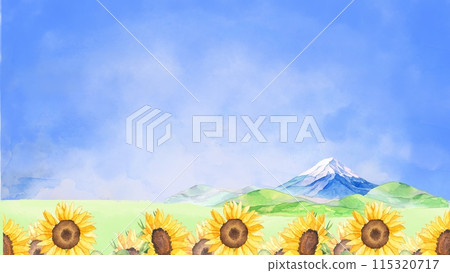 向日葵田和富士山的背景素材畫水彩 115320717