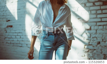 Modern Metropolis Style: Model in Blue Jeans and White Shirt, NYC Backdrop Modern Metropolis Style: Model in Blue Jeans and White Shirt, NYC Backdrop 115320853