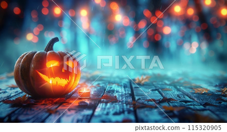 Carved Pumpkins With Candlelight on a Fall Night 115320905