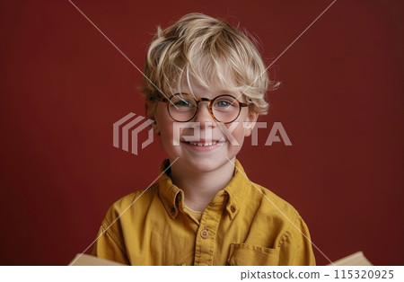 Young Boy Wearing Glasses Smiles at the Camera in Front of a Red Background 115320925