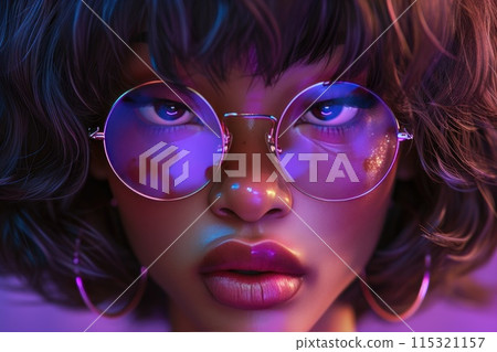 Stylish African American Woman with Chic Curls and Purple Frames 115321157