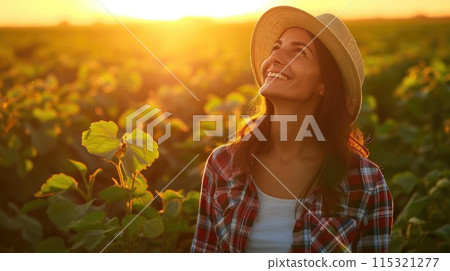 Radiant Joy: Brazilian Female Farmer in Sunset Glow 115321277