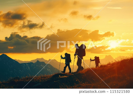 Serenity in the Peaks: Silhouetted Family Hiking Adventure 115321580