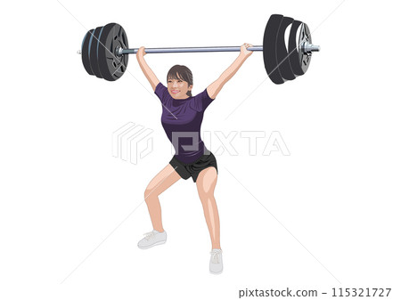 Illustration of a young woman lifting a barbell with a smile 115321727