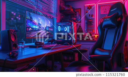 Immersive Gaming Setup: Realistic Gamer Haven with Neon Ambiance Immersive Gaming Setup: Realistic Gamer Haven with Neon Ambiance 115321760