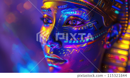 Nighttime Aura: Closeup View of Glowing Egyptian Goddess 115321844