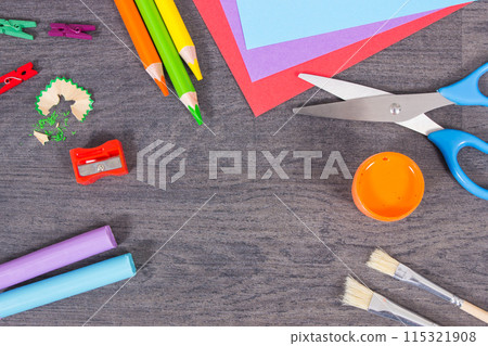 Different stationery accessories for learning at school or preschool 115321908