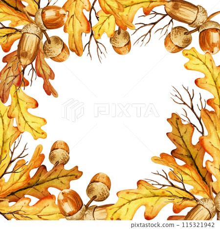 watercolor square frame with autumn oak leaves and seeds, hand drawn illustration of yellow and brown oak leaves and acorns, sketch isolated on white background, template foe autumn posters watercolor square frame with autumn oak leaves and seeds, hand drawn illustration of yellow and brown oak leaves and acorns, sketch isolated on white background, template foe autumn posters 115321942