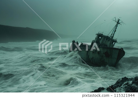 Lost at Sea: Abandoned Ship Battling Waves Lost at Sea: Abandoned Ship Battling Waves 115321944