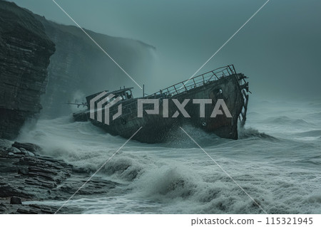Nautical Calamity: Stormy Seas Engulf Shipwreck Nautical Calamity: Stormy Seas Engulf Shipwreck 115321945