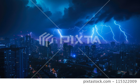 Dramatic Cityscape Hit by Massive Lightning Dramatic Cityscape Hit by Massive Lightning 115322009
