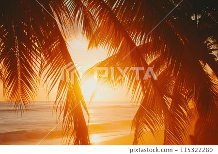 Tropical Haven: Sunset Bliss by the Palm Trees 115322280