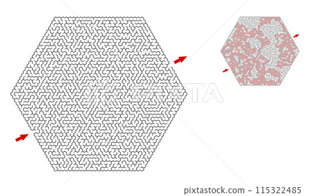 Huge hexagonal labyrinth of high complexity with solution. Black and white complex maze with very Huge hexagonal labyrinth of high complexity with solution. Black and white complex maze with very 115322485
