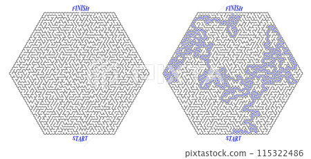Huge hexagonal labyrinth of high complexity with solution. Black and white complex maze with very Huge hexagonal labyrinth of high complexity with solution. Black and white complex maze with very 115322486