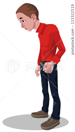 Young stooping man wearing red pullover isolated on white background. Humpbacked boy has problems Young stooping man wearing red pullover isolated on white background. Humpbacked boy has problems 115322519