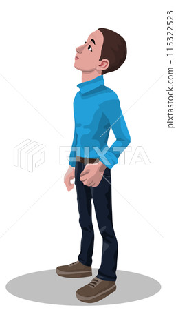 Young man stands on his feet and looks upward. Side view of looking up boy wearing boots, jeans 115322523