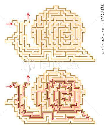 Maze in a shape of snail. Find the way through labyrinth game with solution - red passing route 115322528