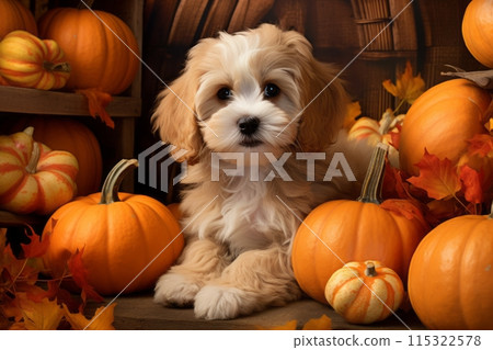 A cute puppy sits among a patch of pumpkins, its adorable face peering out amidst the vibrant orange hues. The playful scene evokes the charm of autumn, capturing the innocence and joy of the season 115322578