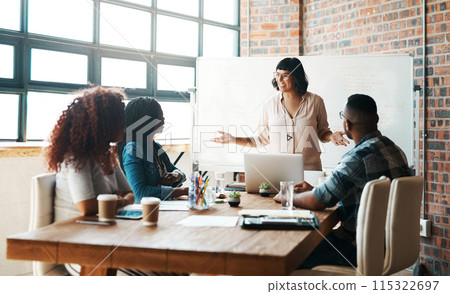 Speaker, meeting and business people in office for brainstorming, planning and discussion. Diversity, creative agency and men and women with whiteboard for teamwork, presentation and collaboration 115322697