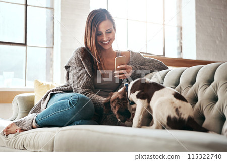 Phone, relax and woman with dog on sofa at home for social media, network and communication. Happy, female person and tech with pet in living room for bonding, connectivity and reading text message Phone, relax and woman with dog on sofa at home for social media, network and communication. Happy, female person and tech with pet in living room for bonding, connectivity and reading text message 115322740