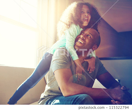 Happy, man and kid with hug on sofa in living room for love, care and gratitude on fathers day. Playful, black family and little girl with dad at home for weekend, bonding and support in childhood 115322794