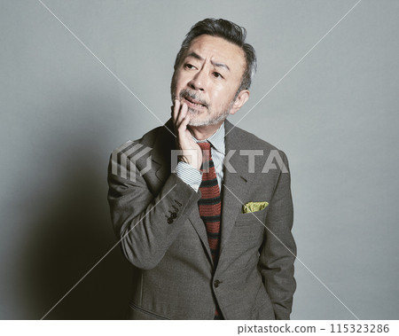 A middle-aged businessman wearing a suit on a gray background 115323286