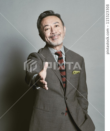 穿著灰色背景中年西裝的商人 穿著灰色背景中年西裝的商人 115323308