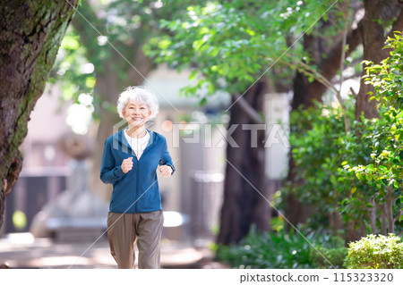 Fresh greenery running senior woman Fresh greenery running senior woman 115323320