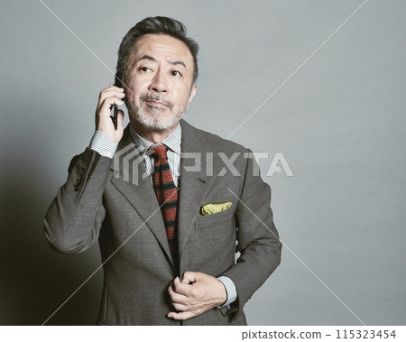穿著灰色背景中年西裝的商人 穿著灰色背景中年西裝的商人 115323454