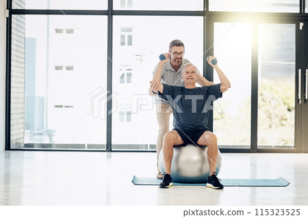 Help, physiotherapy and old man with dumbbells, gym ball and rehabilitation in senior care. Physiotherapist, consultant and elderly patient in mobility training, exercise and healthcare in retirement Help, physiotherapy and old man with dumbbells, gym ball and rehabilitation in senior care. Physiotherapist, consultant and elderly patient in mobility training, exercise and healthcare in retirement 115323525