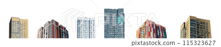 High rise residential buildings isolated on white background. Modern urban architecture for real High rise residential buildings isolated on white background. Modern urban architecture for real 115323627