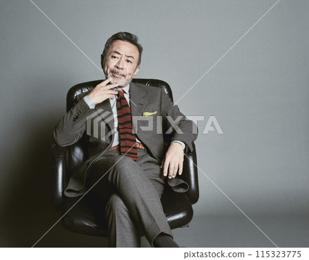 A middle-aged businessman wearing a suit on a gray background A middle-aged businessman wearing a suit on a gray background 115323775