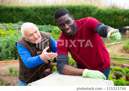 Friendly gardeners discussing 115323798