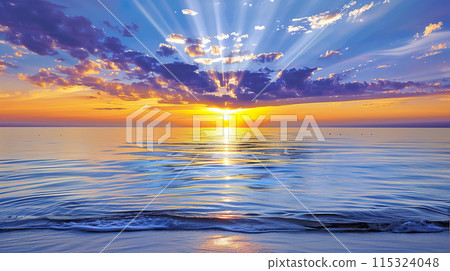 Sunbeams piercing through clouds over a calm ocean at sunrise 115324048