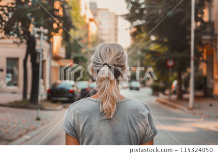 A woman gazes down an urban street, her hair in a ponytail 115324050