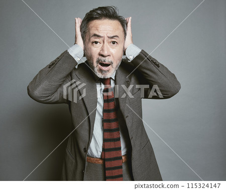 穿著灰色背景中年西裝的商人 穿著灰色背景中年西裝的商人 115324147