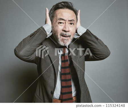 穿著灰色背景中年西裝的商人 穿著灰色背景中年西裝的商人 115324148