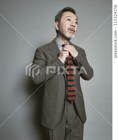 A middle-aged businessman wearing a suit on a gray background A middle-aged businessman wearing a suit on a gray background 115324156