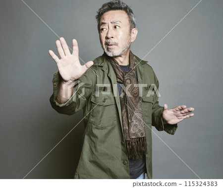 Portrait of a middle-aged man in casual clothes against a gray background 115324383
